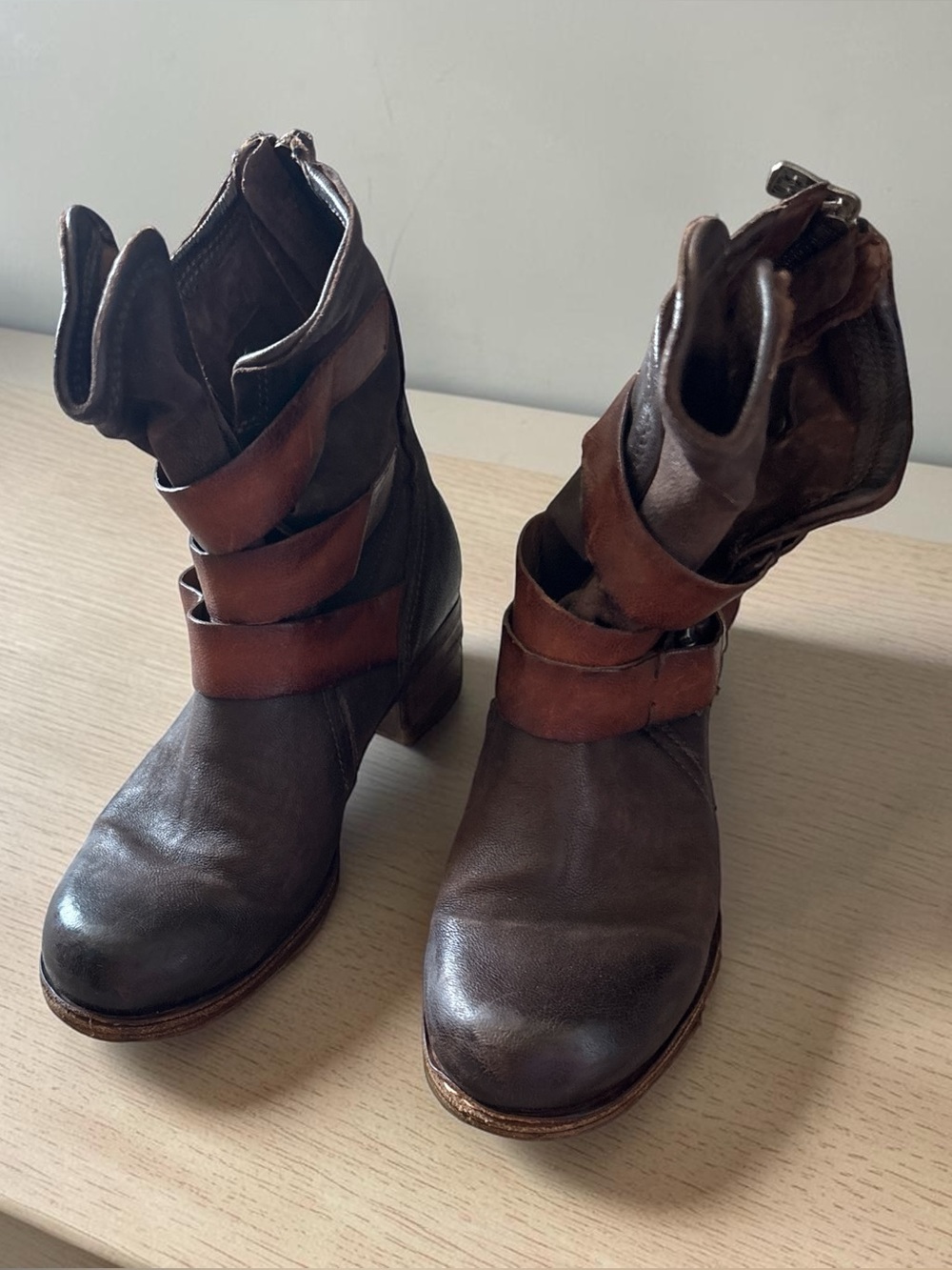 A.S.98 Brown Leather Ankle Boots with Buckle Straps
